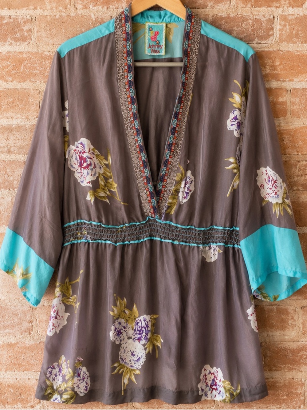 100% Silk Johnny Was Plus Size Gray Floral Embroidered Boho Tunic Kimono Blouse